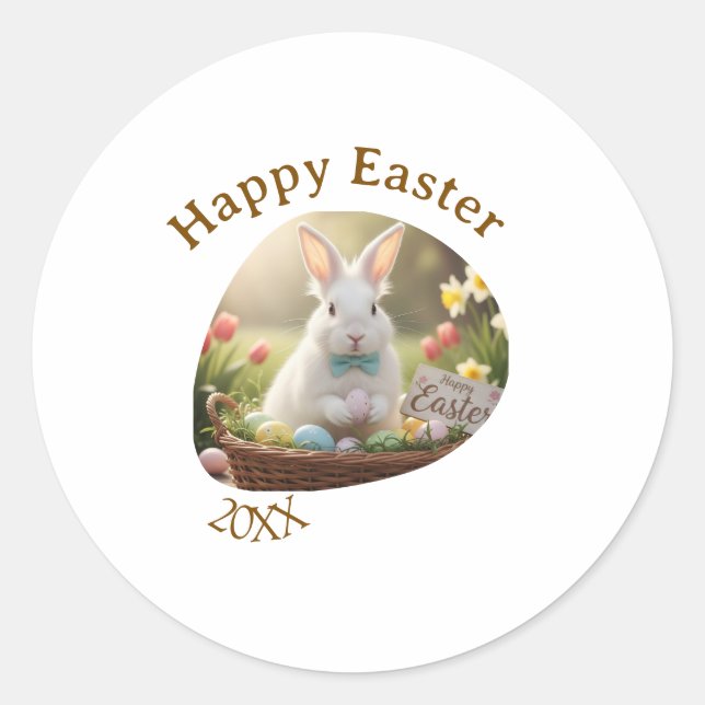 Happy Easter white bunny year photo family name  Runder Aufkleber (Vorderseite)