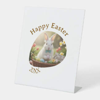 Happy Easter white bunny year photo family name  Sockelschild