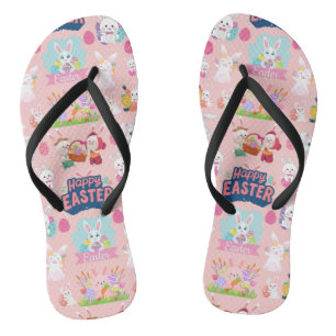 Happy Easter Wishings - Pattern Funny Bunny Oaster Flip Flops