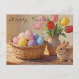 Happy Easter with Colorful Eggs and Tulips Postkarte
