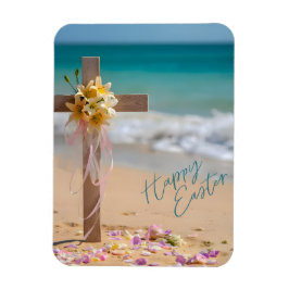 Happy Easter Wooden Cross and Lilies on Beach Magnet