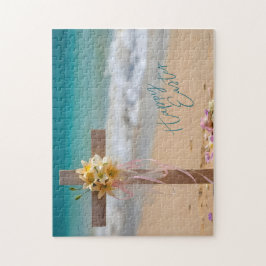 Happy Easter Wooden Cross with Lilies on Beach Puzzle