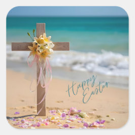 Happy Easter Wooden Cross with Lilies on Beach Quadratischer Aufkleber