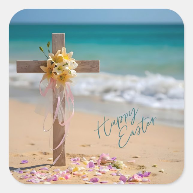 Happy Easter Wooden Cross with Lilies on Beach Quadratischer Aufkleber (Vorderseite)