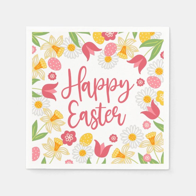 Happy Easter | Yellow and Red Floral  Serviette (Vorderseite)