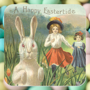 Happy Eastertie Vintag Ostern Bunny und Children Quadratischer Aufkleber