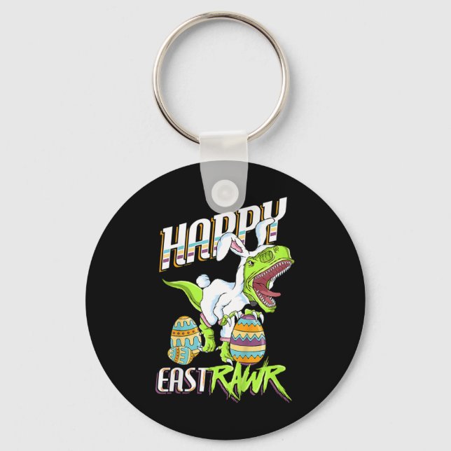 Happy Eastrawr Cute Trex Dinosaur Easter Bunny Egg Schlüsselanhänger (Vorderseite)