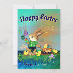 Happy Egg Hunt Bunny & Chicks Green Holiday Card Feiertagskarte
