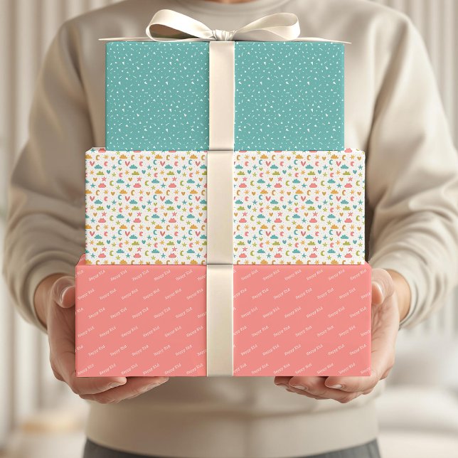 Happy Eid Kids Blue Pink Moon Star Zitat Geschenkpapier Set (Von Creator hochgeladen)