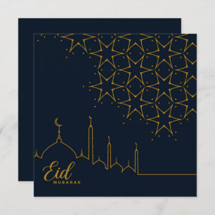 Happy Eid Mubarak Cresent Star Moschee Gold Blue  Feiertagskarte