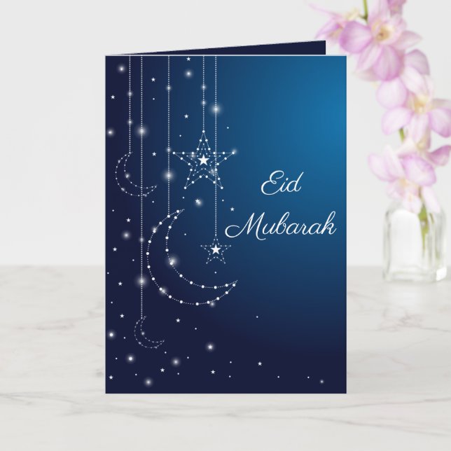Happy Eid Mubarak Sparkling White Moon Stars Blau Karte (Orchidee)
