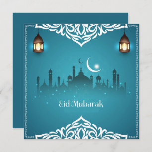Happy Eid Mubarak White Cresent Star Moschee Blau Feiertagskarte