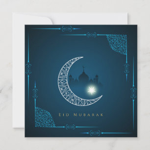 Happy Eid White Crescent Star Moschee Blau Feiertagskarte