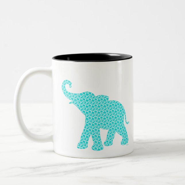 Happy Elephant Art Türkis Muster Moderne Zweifarbige Tasse (Links)