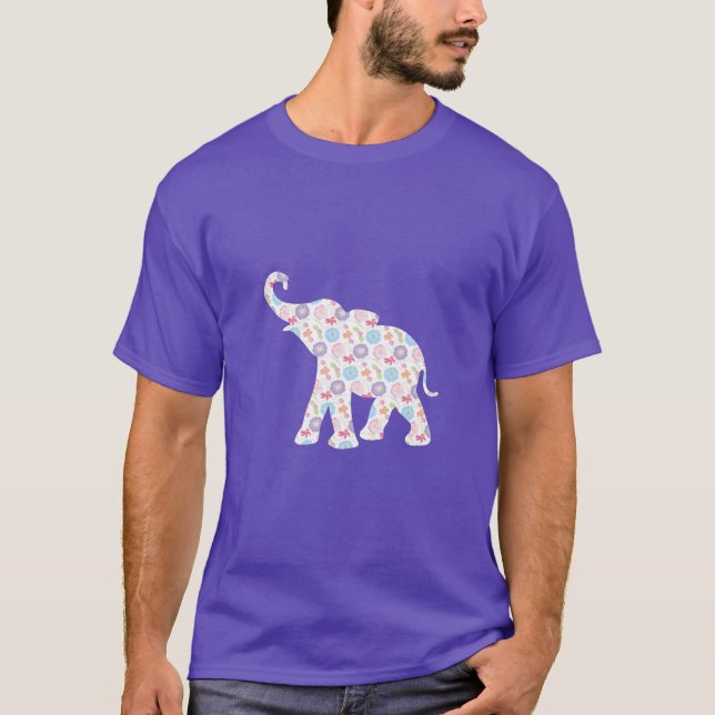 Happy Elephant mit Blume Pattern Einzigartig T-Shirt (Vorderseite)