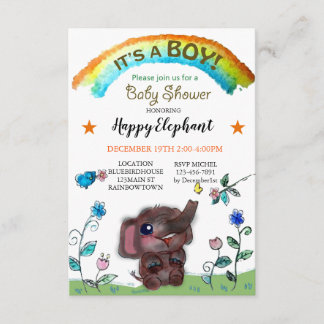 Happy Elephant Rainbow Town Baby Shower Einladung