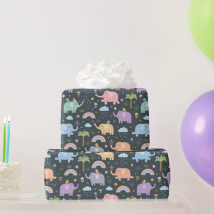 Happy Elephants Birds Night Sky Wolken Regenbogen Geschenkpapier