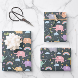 Happy Elephants Birds Night Sky Wolken Regenbogen Geschenkpapier Set