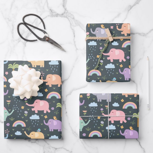 Happy Elephants Birds Night Sky Wolken Regenbogen Geschenkpapier Set (Vorderseite)