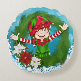 Happy Elf Festive Blue Holiday Rundes Kissen