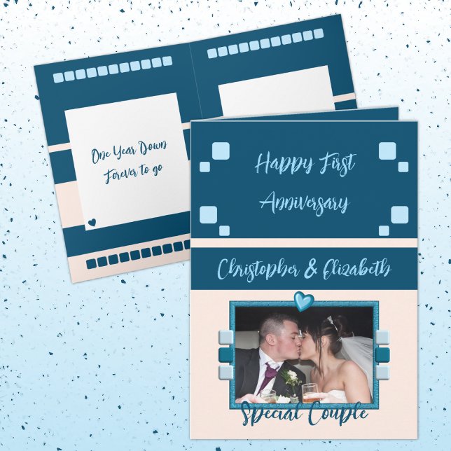 Happy Erste Jubiläum Foto blauen Pfirsich hinzufüg Karte (Von Creator hochgeladen)