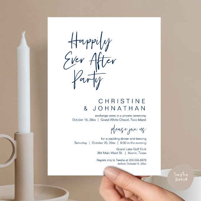 Happy ever After, Modernes Hochzeitsdinner Party Einladung (Wedding Happily Ever After Party Dinner Brunch Elopement Invitation Card, PDF, Navy Blue)