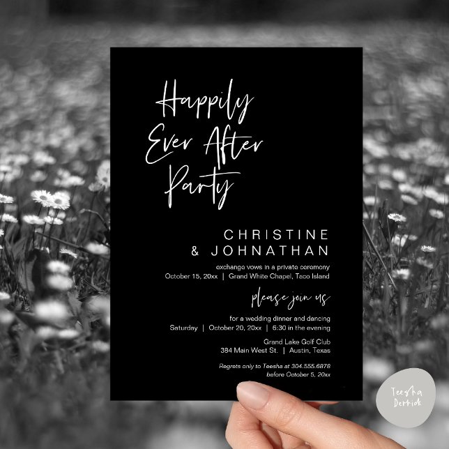 Happy ever After, Modernes Hochzeitsdinner Party Einladung (Wedding Happily Ever After Party Dinner Brunch Elopement Invitation Card, PDF, Classy Black)