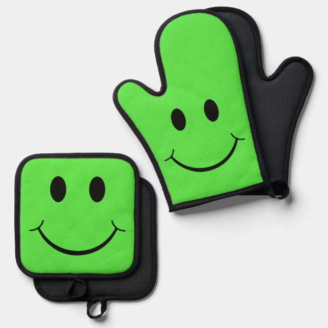 Happy Face Graphic Green Ofenhandschuh & Topflappen-Set (Vorderseite/Rückseite)