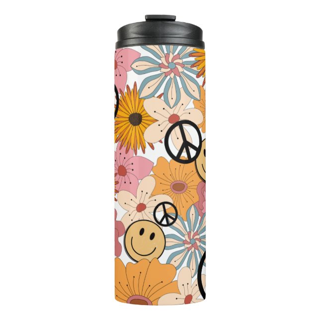 Happy Face, Retro Floral & Peace Thermosbecher (Vorderseite)
