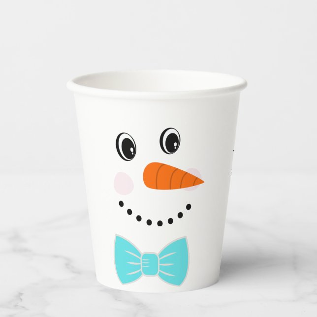 Happy Face Snowman Aquamarin Blue Bowtie Pappbecher (Vorderseite)
