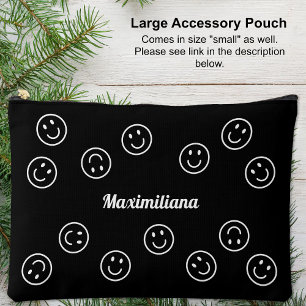 Happy Faces White auf Schwarz - LARGE Accessory Po Zubehörtasche