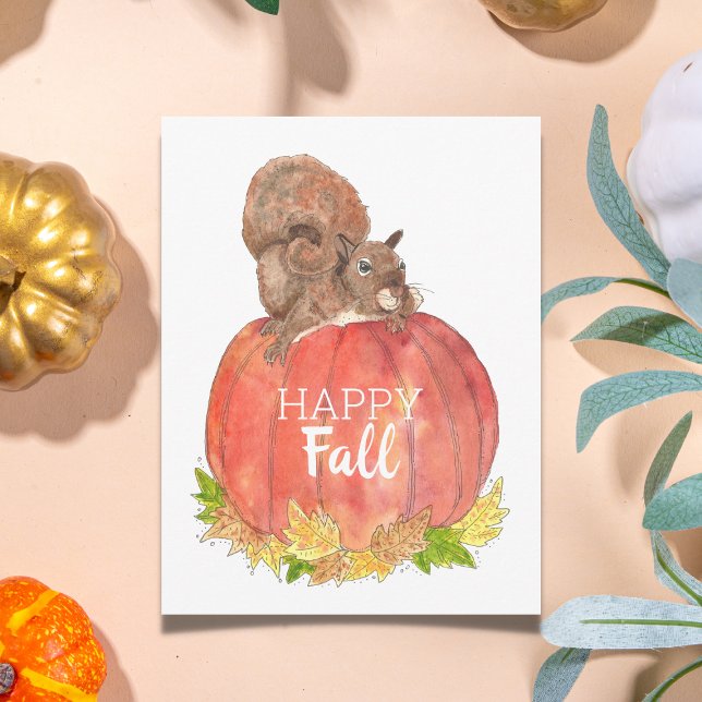 Happy Fall Eichhörnchen auf Pumpkin Postcard Postkarte (Happy Fall Watercolor Postcard)