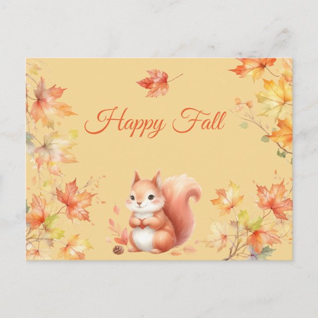 Happy Fall Eichhörnchen in Blätter Postkarte (Vorderseite)