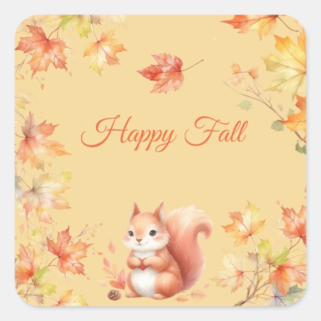 Happy Fall Eichhörnchen in Blätter Quadratischer Aufkleber (Vorderseite)