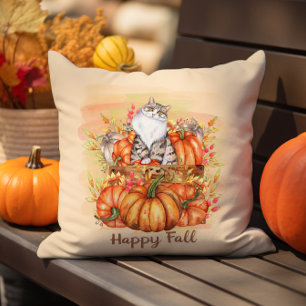 Happy Fall Gray White Cat Rustic Orange Pumpkins Kissen