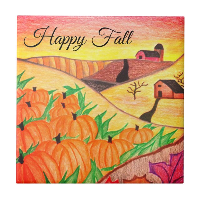 Happy Fall Harvest Folk Art Tile Fliese (Vorderseite)