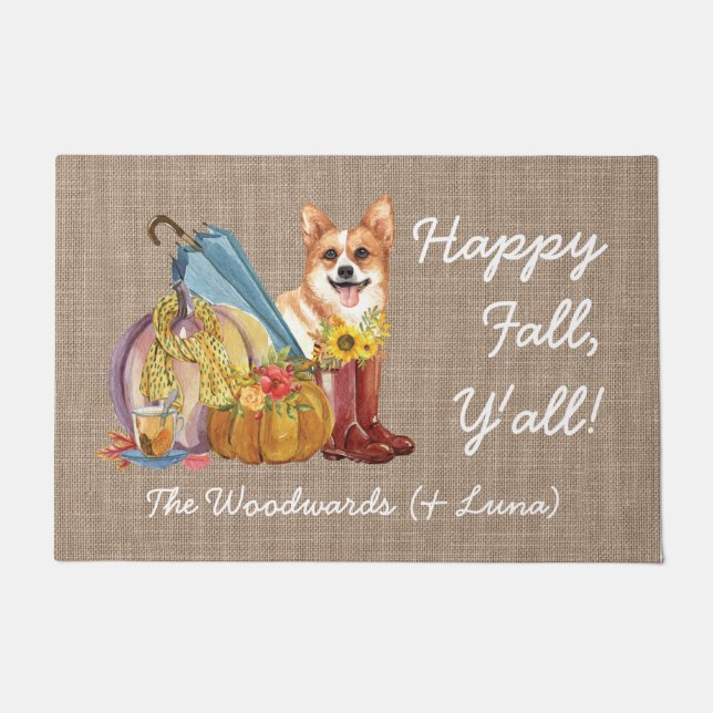 Happy Fall Niedlich Corgi Hund Personalisierte Was Fußmatte (Vorderseite)