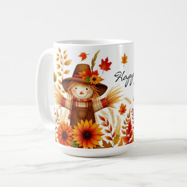 Happy Fall Niedlich Scarecrow und Herbstblätter Kaffeetasse (Vorderseite Links)