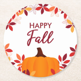 Happy Fall Niedliche Blätter Pumpkin Rahmen Runder Pappuntersetzer