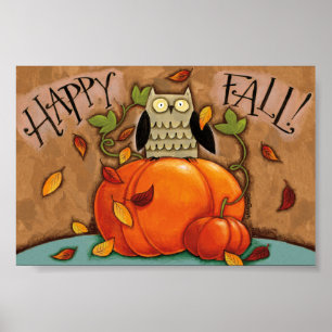 Happy Fall Owl und Pumpkin Poster