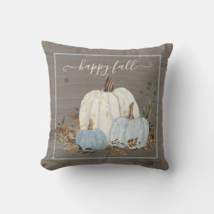 Happy Fall Script Blue White Pumpkin Rustic Blätte Kissen