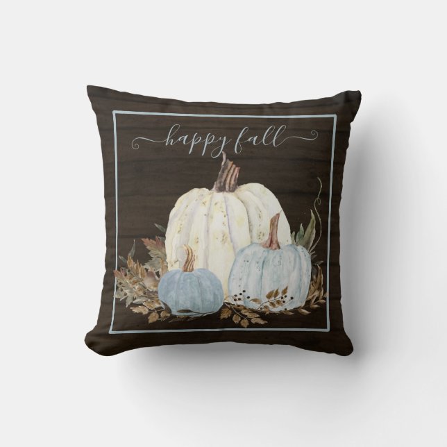 Happy Fall Script Blue White Pumpkins Rustikales H Kissen (Vorderseite)