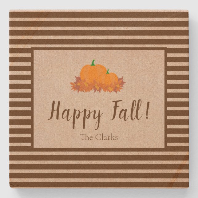 Happy Fall Striped Familie Nachname Pumpkin Steinuntersetzer (Vorderseite)