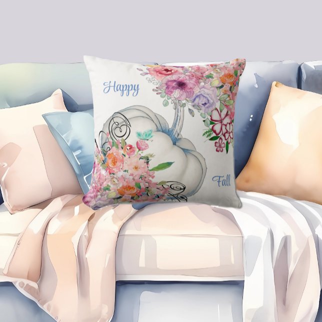 Happy Fall White Pumpkin Wasserfarbe Blumenblüten Kissen (Happy Fall White Pumpkin Watercolor Floral Blooms Throw Pillow)