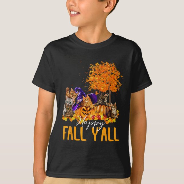 Happy Fall Y'all Cats Lover Autumn Pumpkin Maple H T-Shirt (Vorderseite)