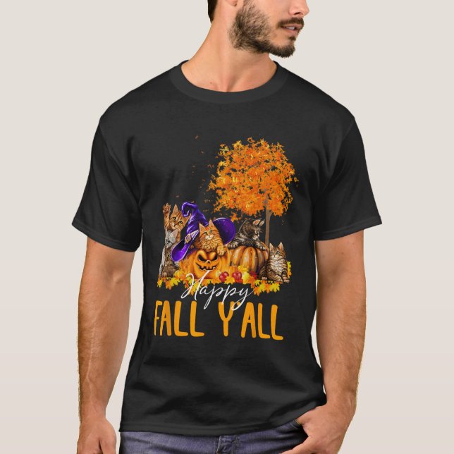 Happy Fall Y'all Cats Lover Autumn Pumpkin Maple H T-Shirt (Vorderseite)