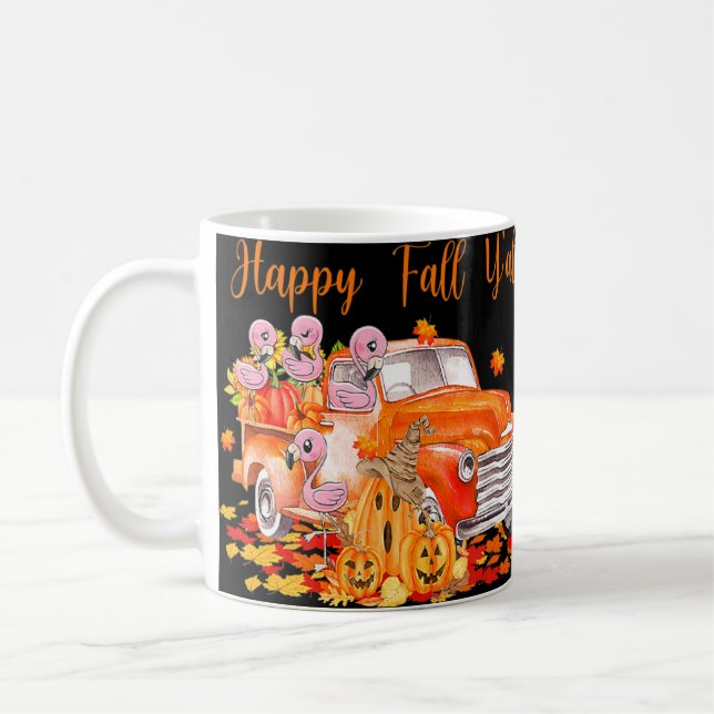 Happy Fall Y'all Flamingo Truck Pumpkin Herbst als Kaffeetasse (Links)
