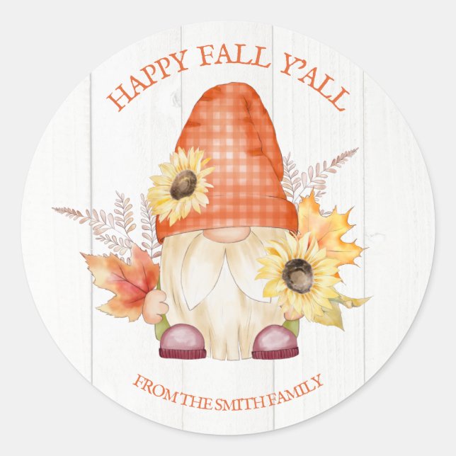 Happy Fall Y'All Gnome Runder Aufkleber (Vorderseite)
