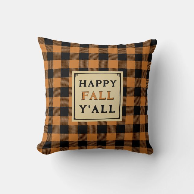 Happy Fall y'all orange karierte Wurfkissen Kissen (Vorderseite)