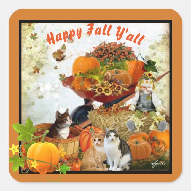 Happy Fall Y'all Pumpkins und Katzen Saison Quadratischer Aufkleber (Vorderseite)